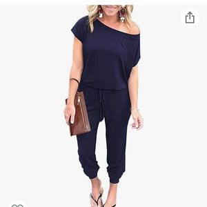 Loose Solid Off Shoulder Elastic Waist Stretchy Long Romper Jumpsuit XL